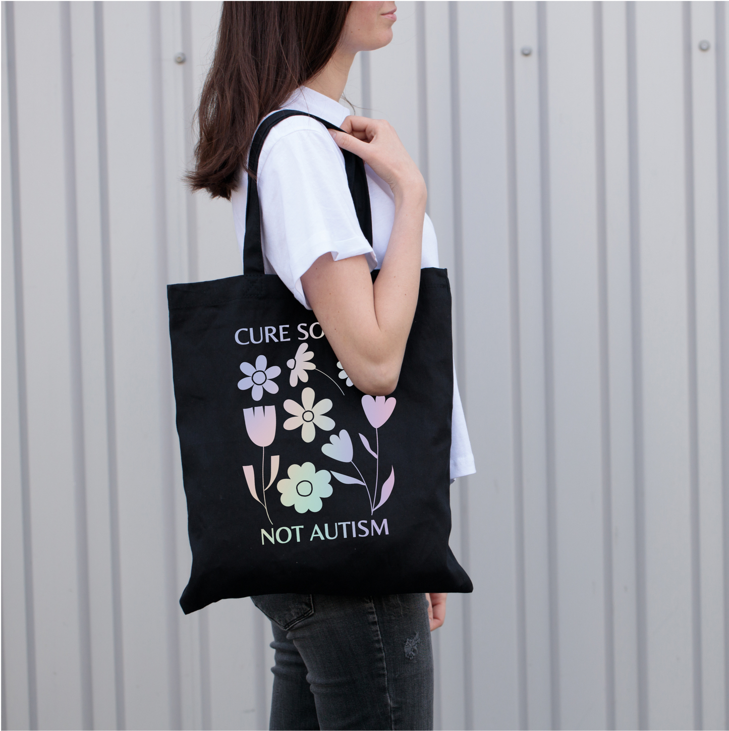 'Cure Society, Not Autism' Design by Autistic Artist -Canvas Tote Bag