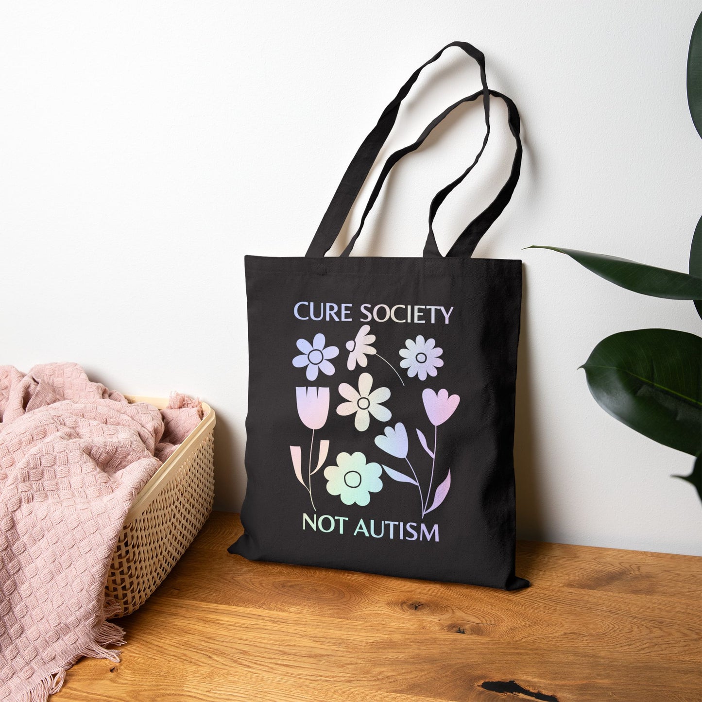 'Cure Society, Not Autism' Design by Autistic Artist -Canvas Tote Bag