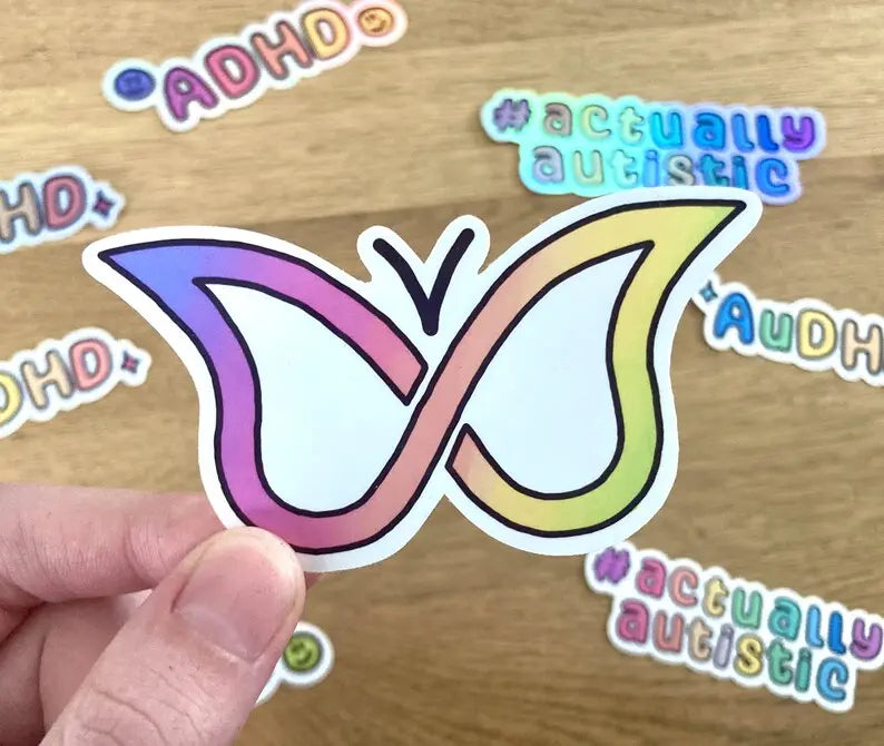 Rainbow ADHD butterfly sticker, handmade by small business called Neurodiversetea
