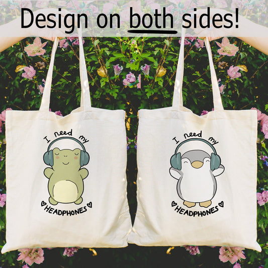 Frog and penguin tote bag NeurodiverseTea