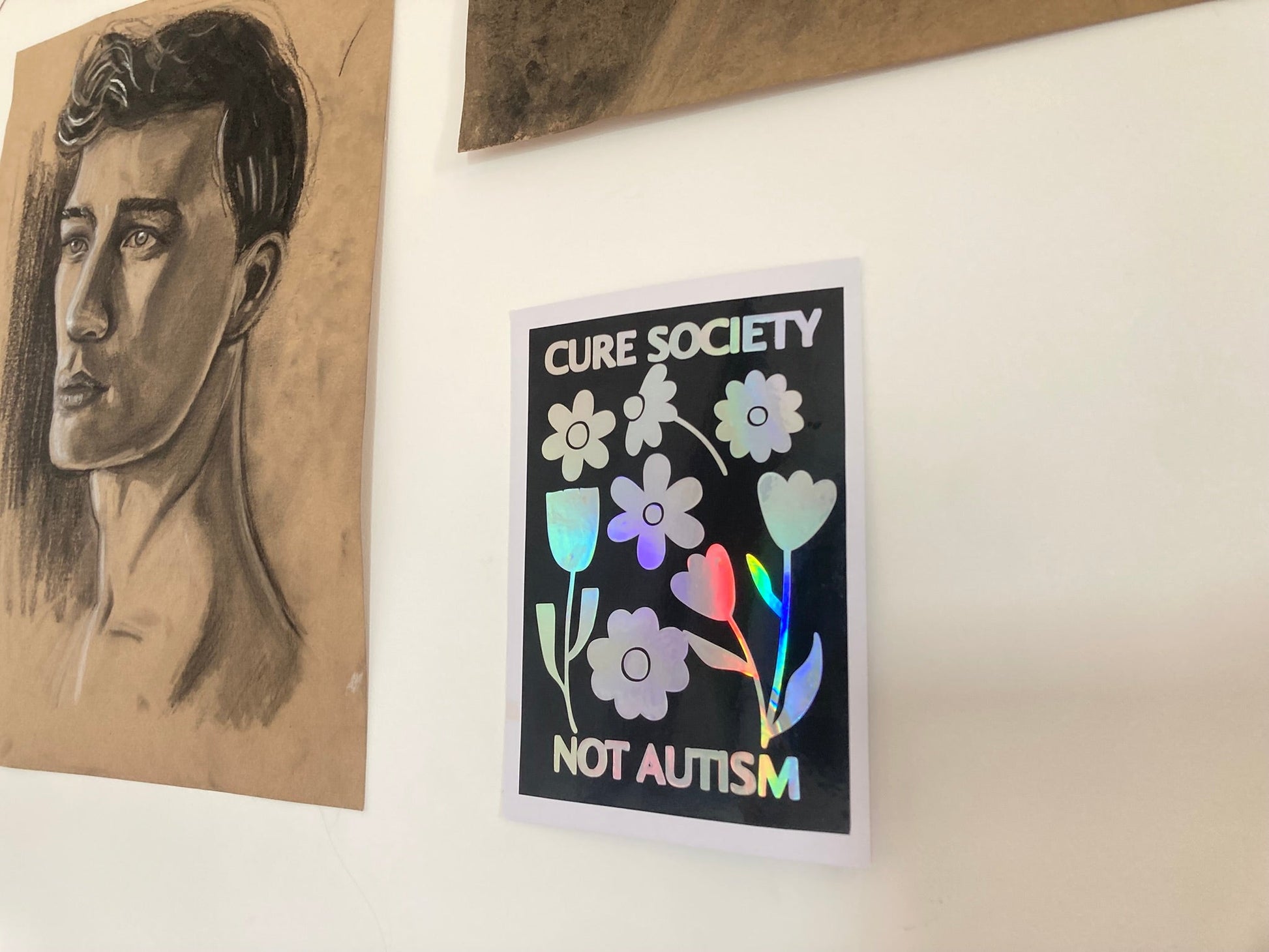 Holographic art print "cure society not autism" NeurodiverseTea