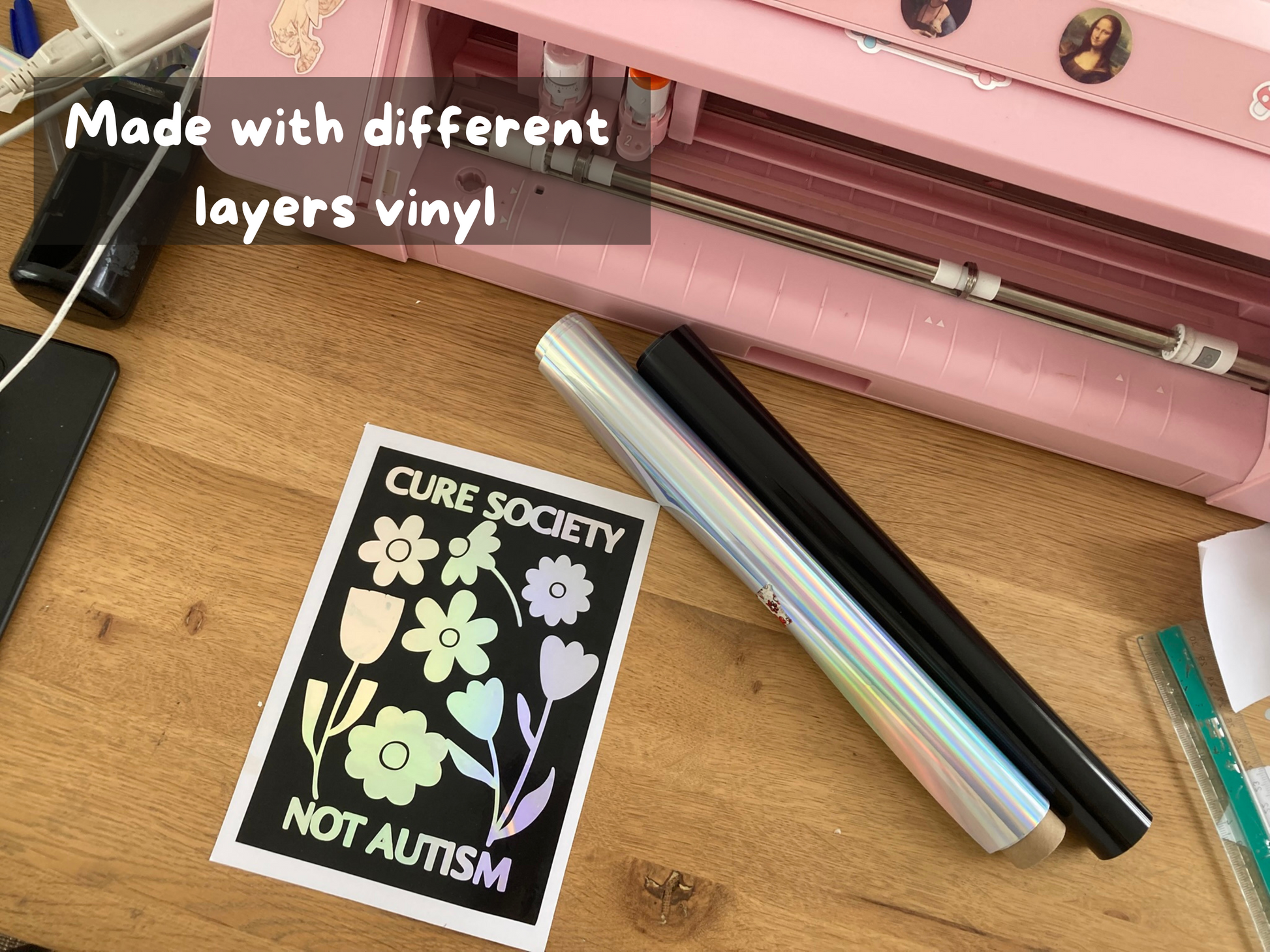 Holographic art print "cure society not autism" NeurodiverseTea