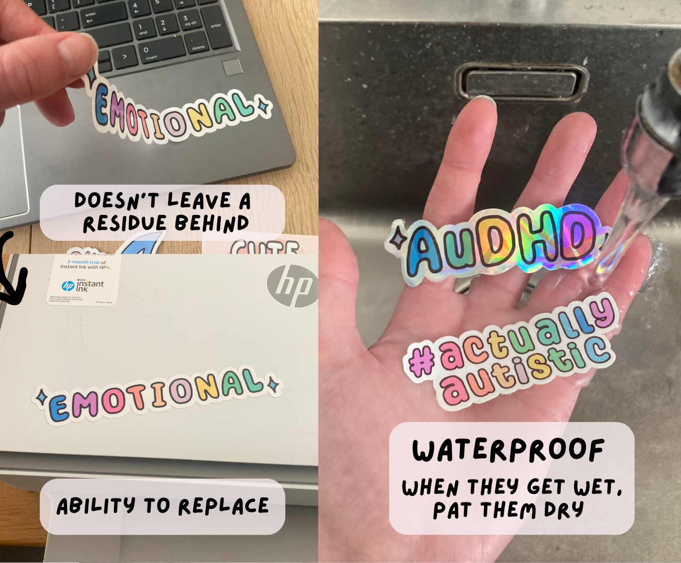 Neurodiversity themed and the quality of the stickers are shown here. They are waterproof, don't leave a residue behind and on some surfaces the ability is there to replace