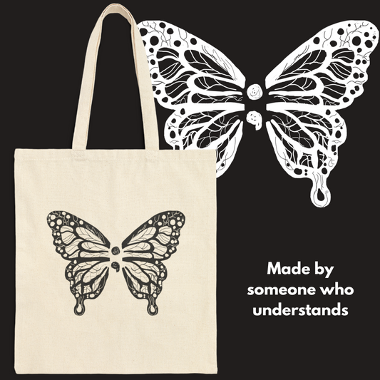 Semicolon Butterfly Tote Bag – Design for Suicide Prevention Awareness