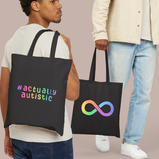 Actually autistic/ autism infinity symbol tote bag
