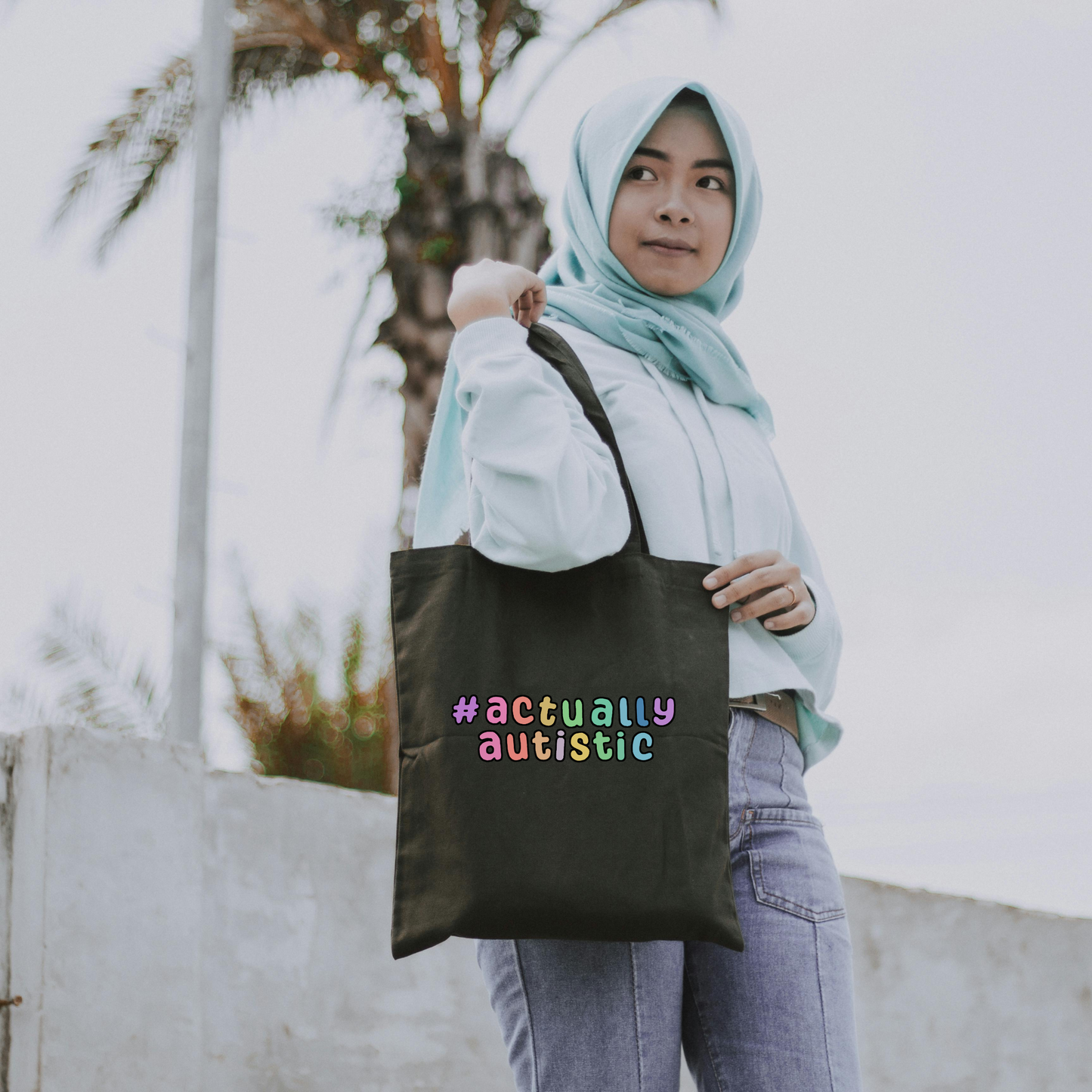 Actually autistic/ autism infinity symbol tote bag