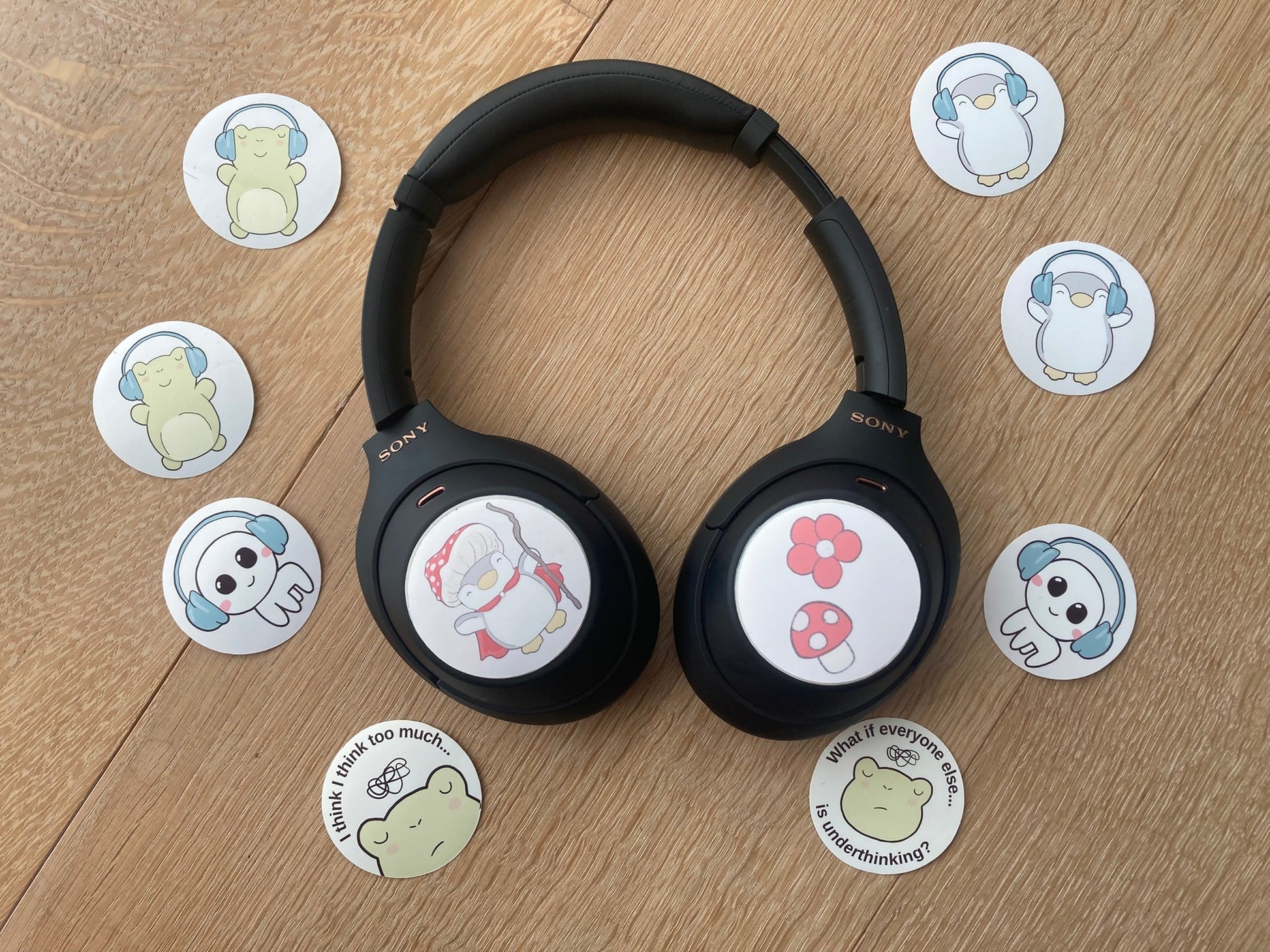 Headphone sticker set : penguin with mushroom on his head shown, handmade by NeurodiverseTea