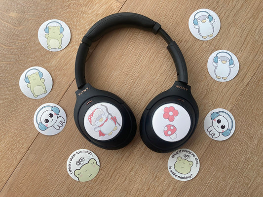 Headphone sticker set : penguin with mushroom on his head shown, handmade by NeurodiverseTea