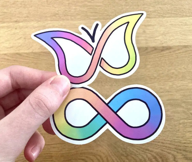 Colourful autism infinity and ADHD butterfly symbol stickers, handmade by small business: Neurodiversetea