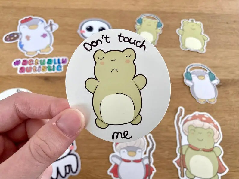 Funny touch aversion frog sticker set with the text "don' touch me". Autism sticker by Neurodiversetea