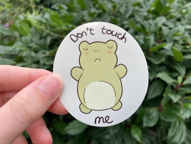 Funny touch aversion frog sticker set with the text "don't touch me", ideal for autistic people, handmade by NeurodiverseTea