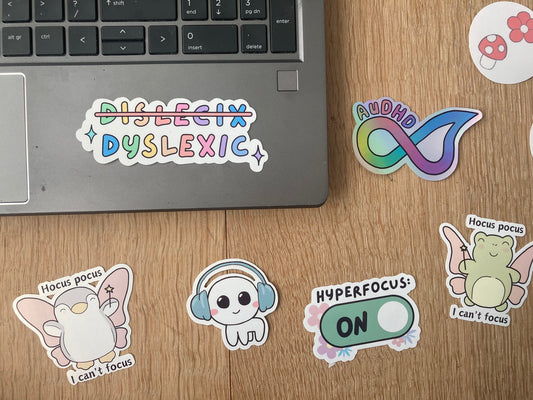 Funny dyslexia sticker shown as laptop sticker, handmade by  NeurodiverseTea