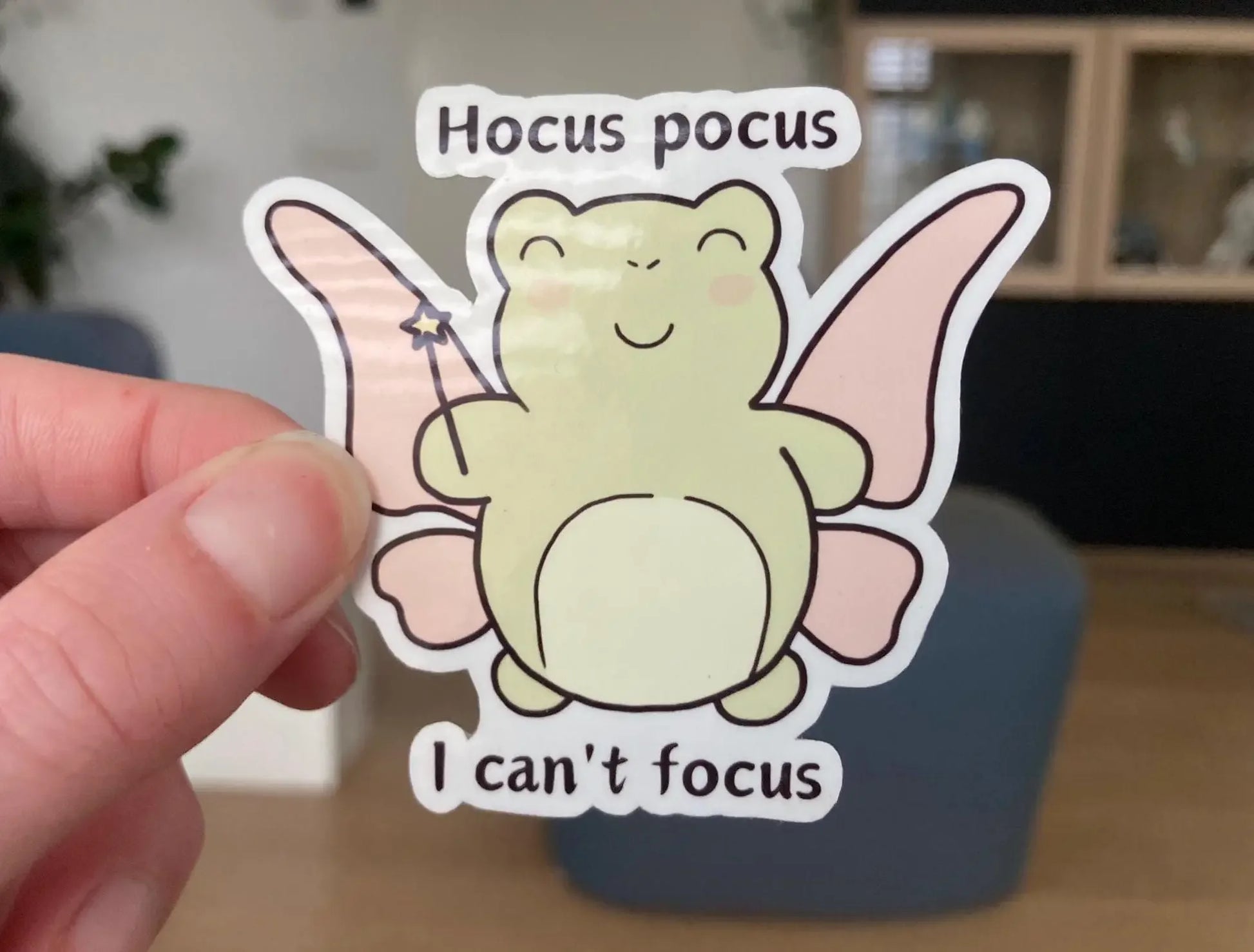 Fairy frog ADHD sticker with the text "Hocus pocus, I can't focus", handmade by  Neurodiversetea