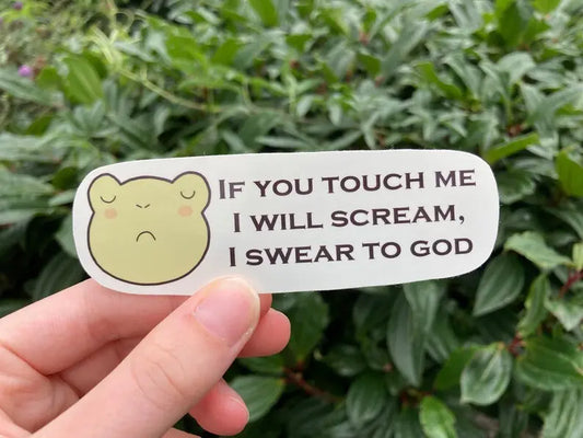 Funny touch aversion frog sticker set with the text "If you touch me, I will scream, I swear to god", handmade Neurodiversetea