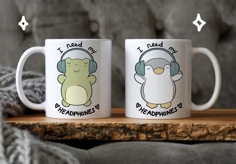 Headphone lover frog and penguin mug - Neurodiversetea