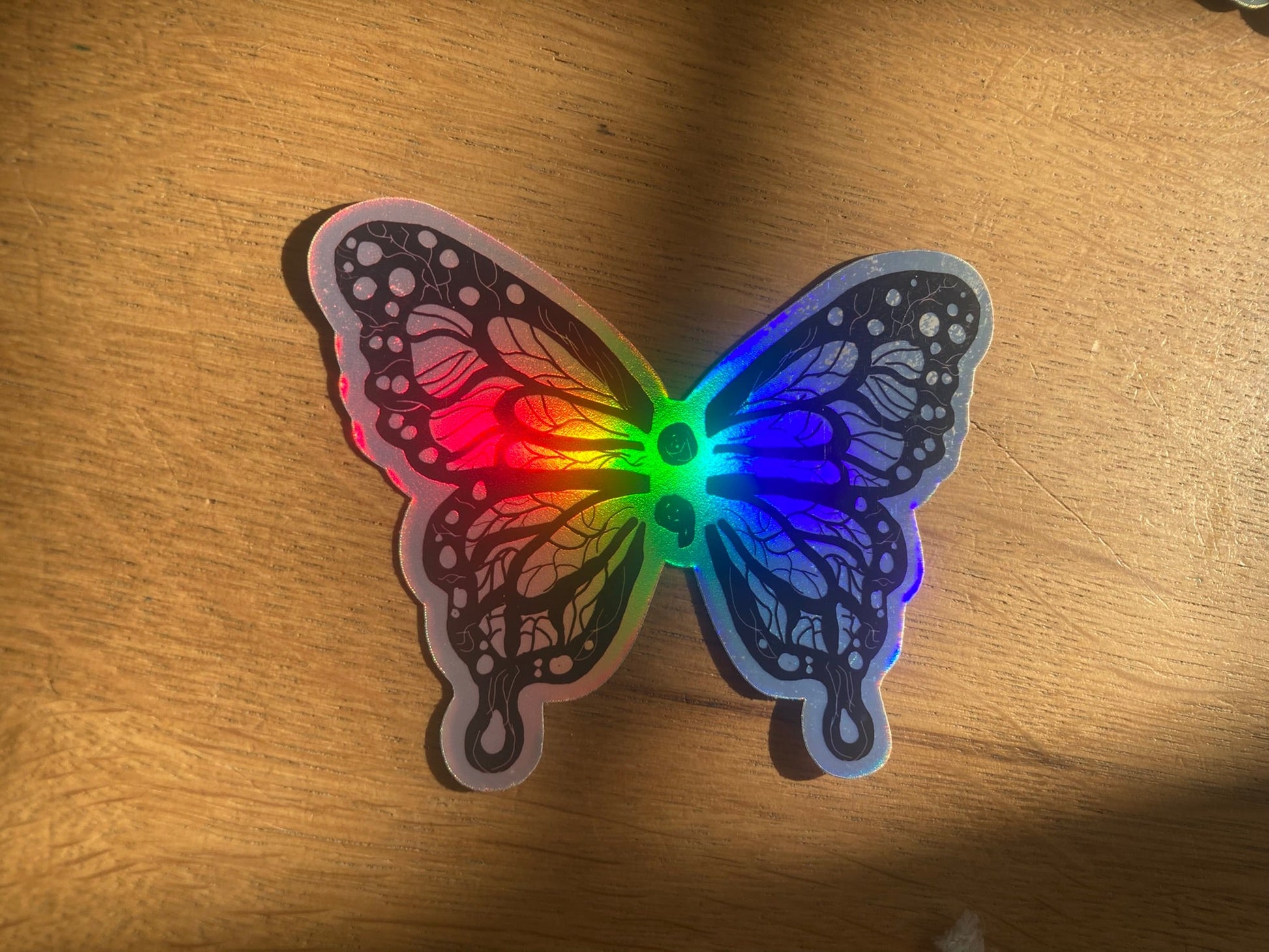 Holographic semicolon butterfly sticker suicide discussion, handmade by NeurodiverseTea