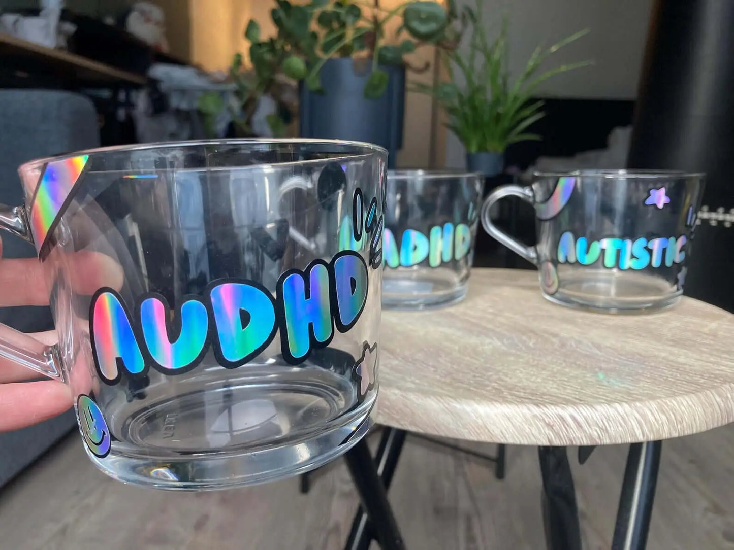 Holographic AuDHD glass mug - Neurodiversetea