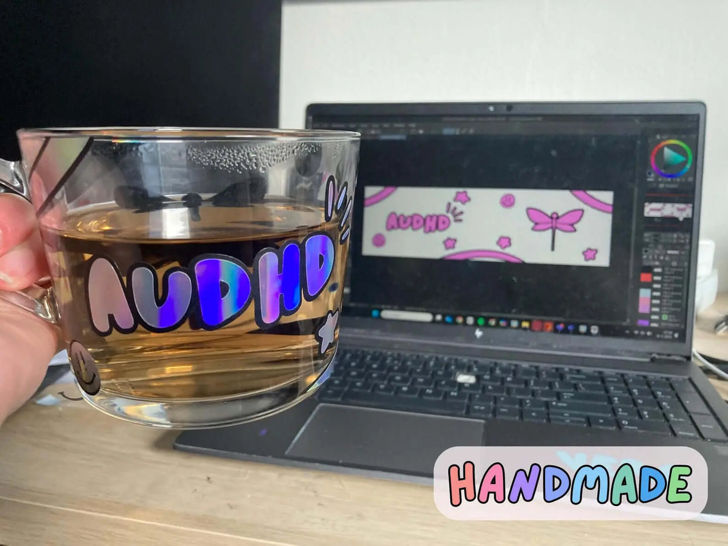 Holographic AuDHD glass mug - Neurodiversetea