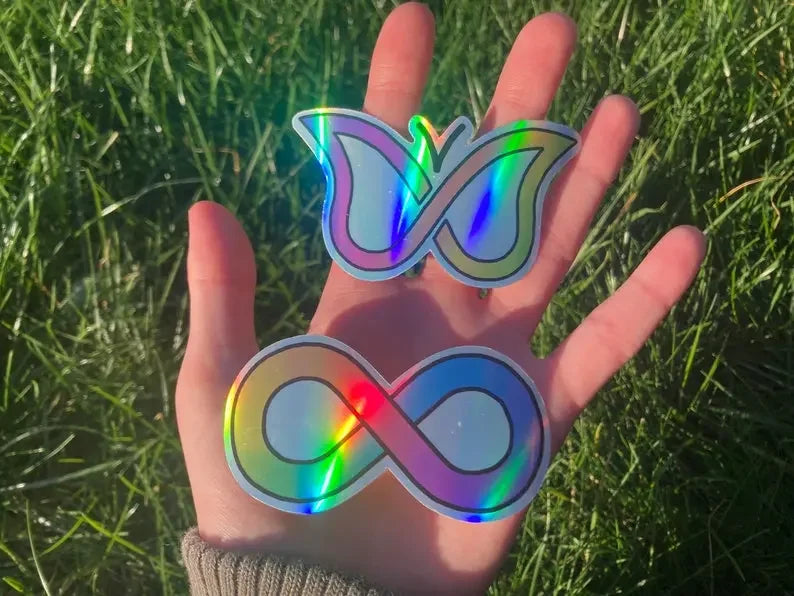 Holographic stickers Autism infinity symbol and ADHD butterfly symbol - Neurodiversetea