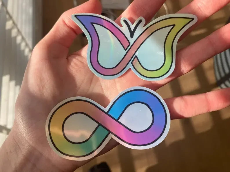 Holographic stickers Autism infinity symbol and ADHD butterfly symbol - Neurodiversetea