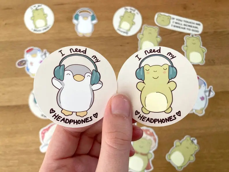Headphone lover frog and penguin sticker set - Neurodiversetea