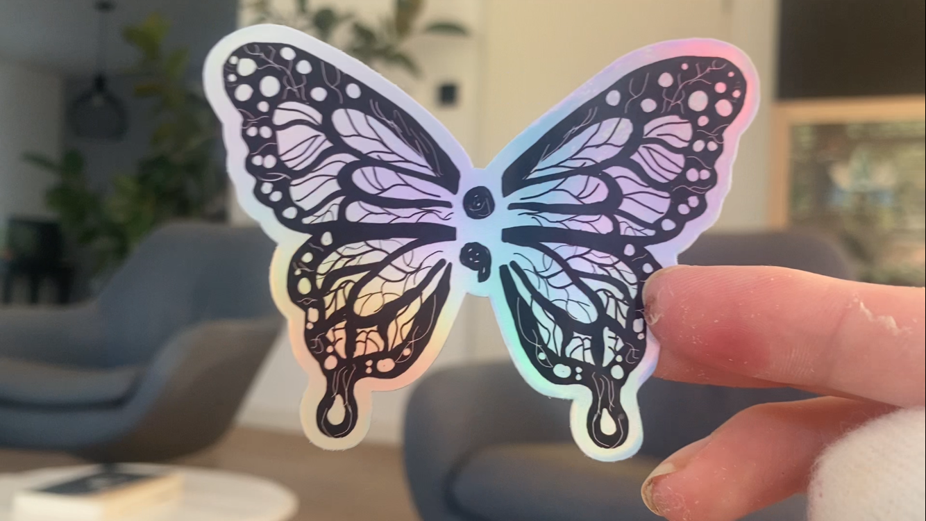 Holographic semicolon butterfly sticker, your story isn't over, handmade by NeurodiverseTea