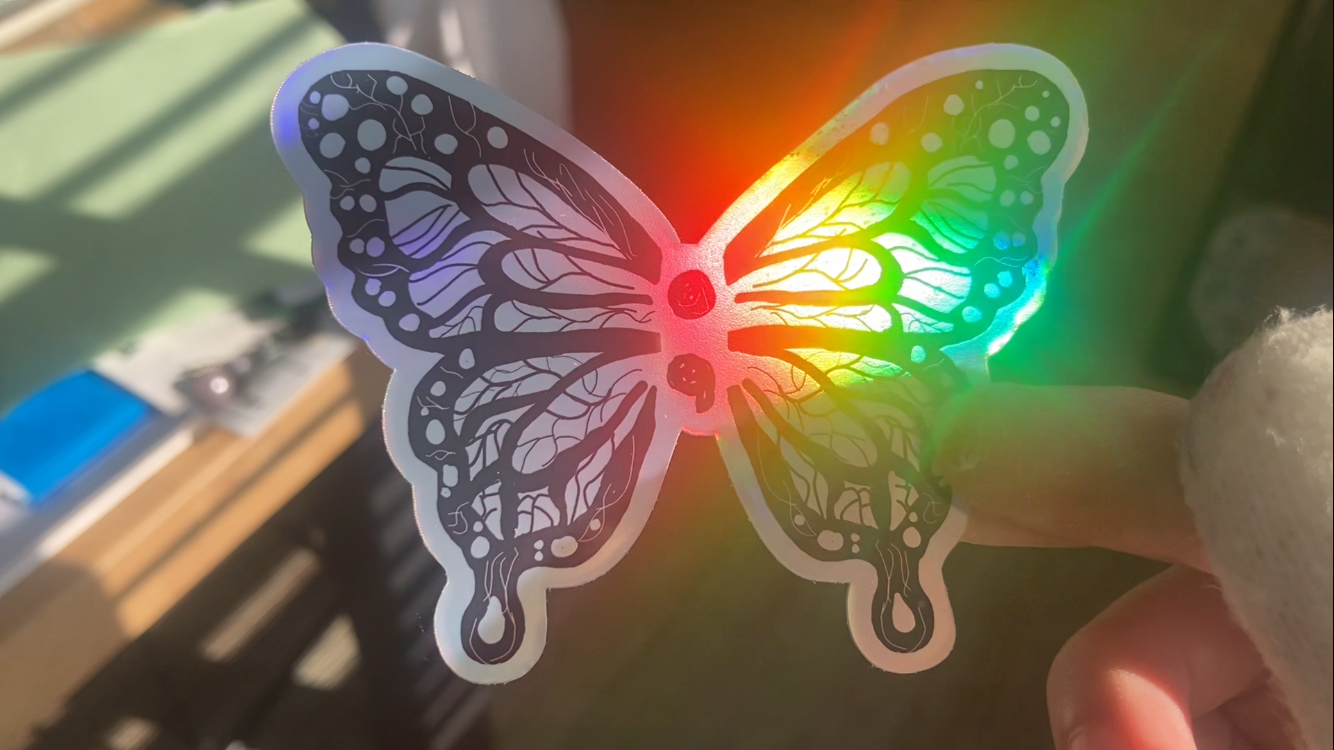 Holographic semicolon butterfly sticker suicide prevention, handmade by NeurodiverseTea