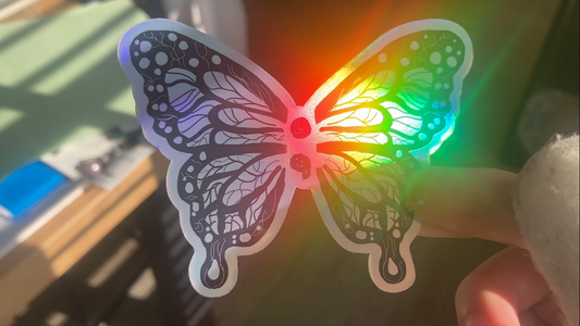 Holographic semicolon butterfly sticker suicide prevention, handmade by NeurodiverseTea