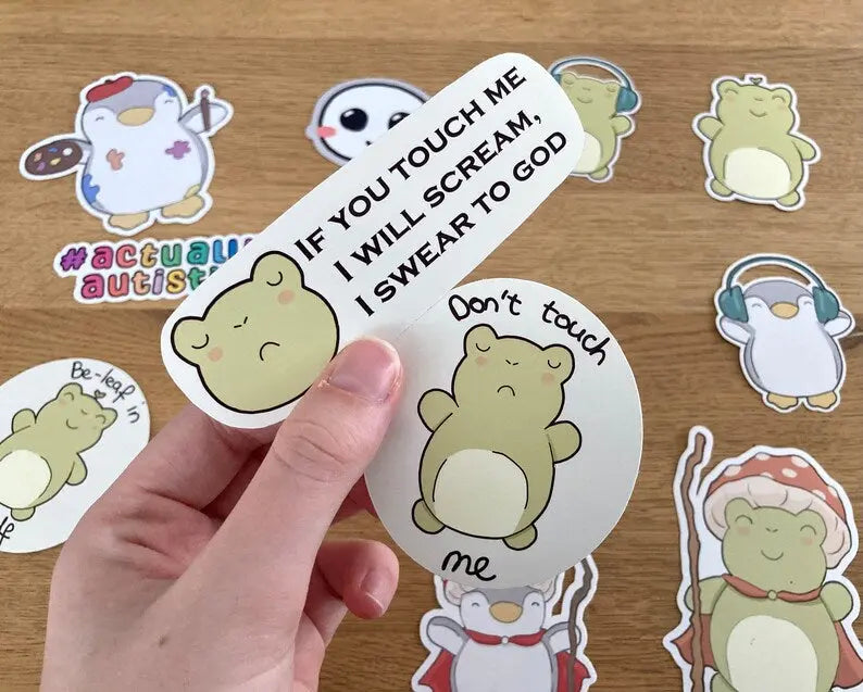 Funny touch aversion frog sticker set, handmade by small business  Neurodiversetea