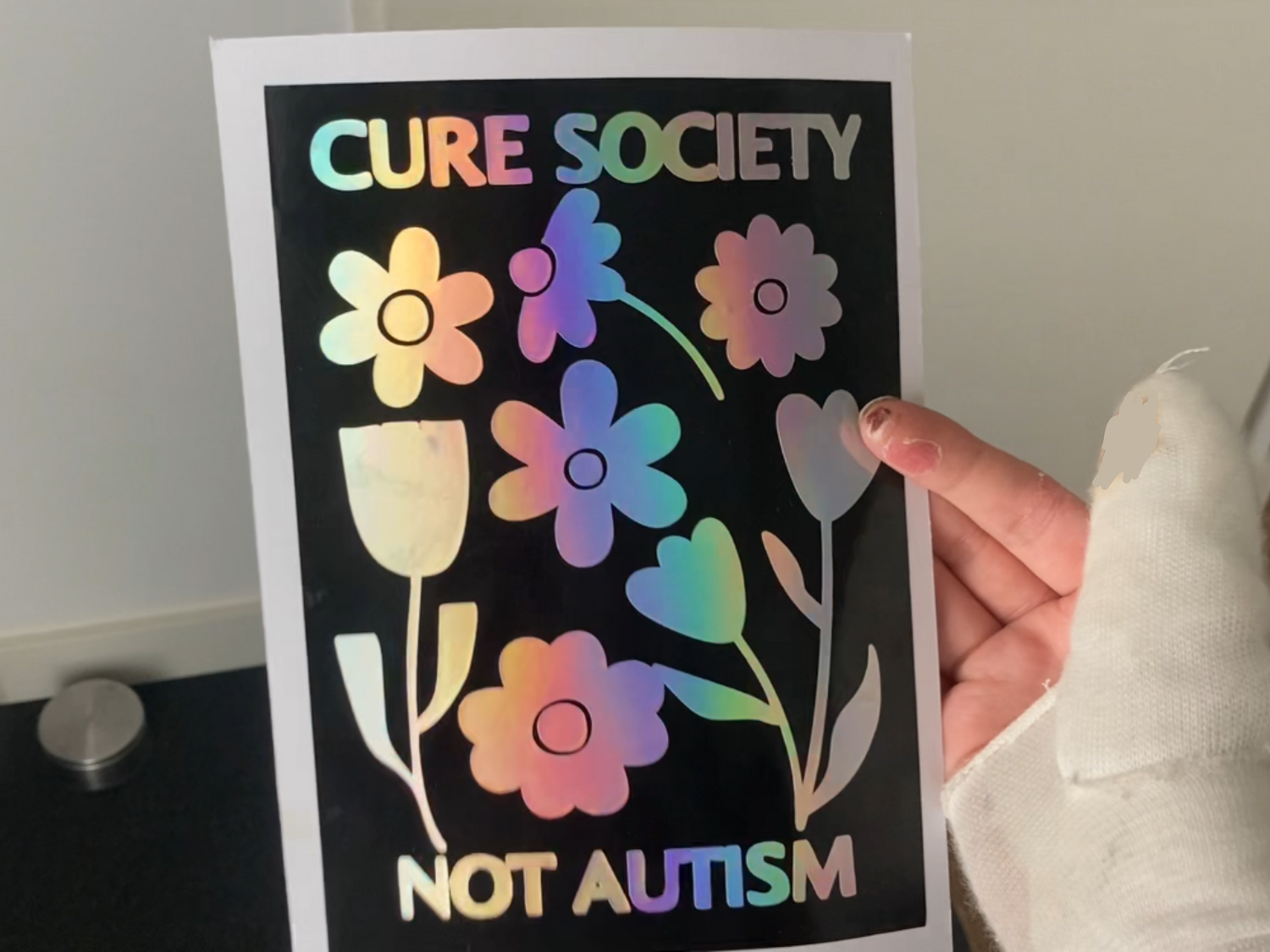 neuro-affirming artwrok "cure society, not autism" handmade by NeurodiverseTea