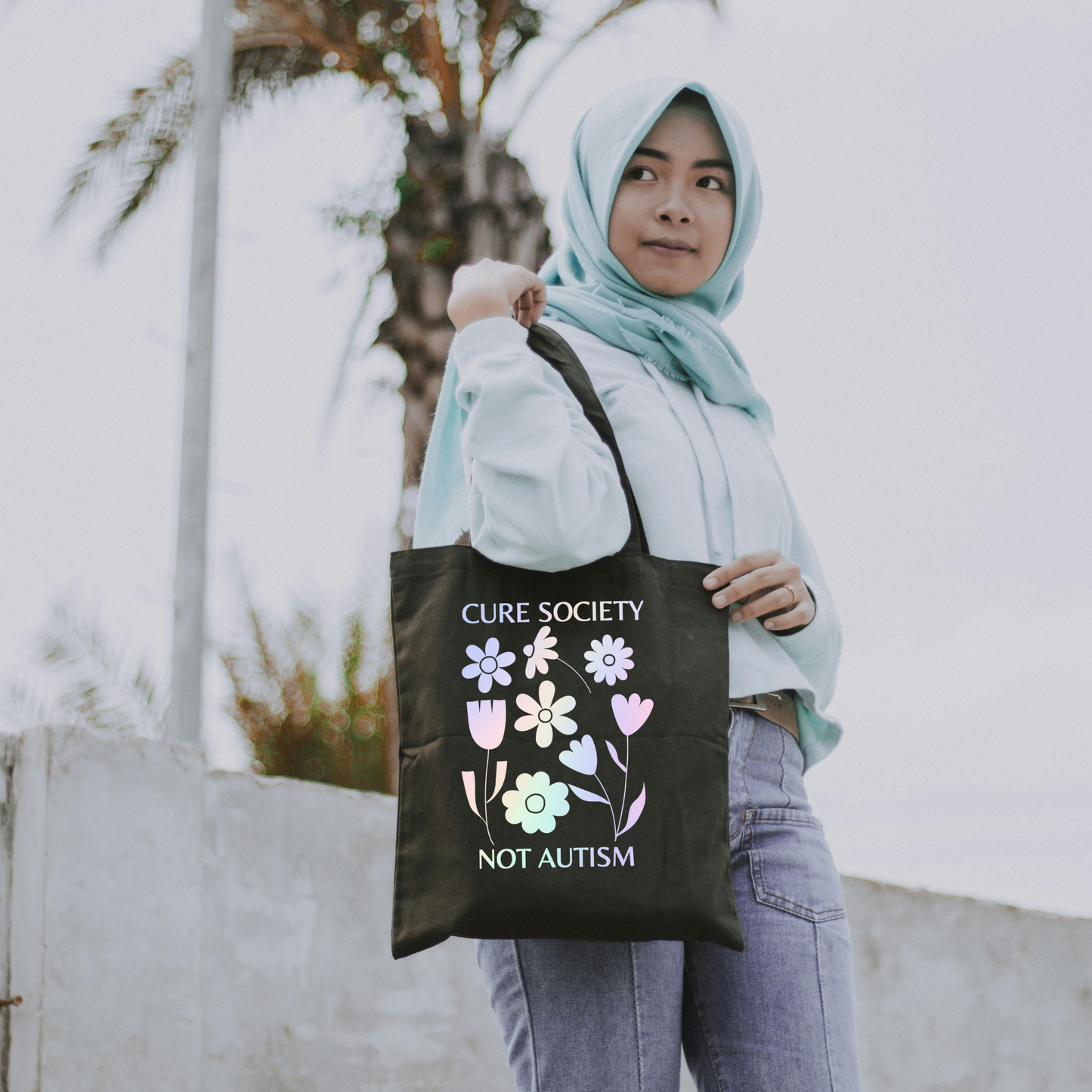 'Cure Society, Not Autism' Design by Autistic Artist -Canvas Tote Bag