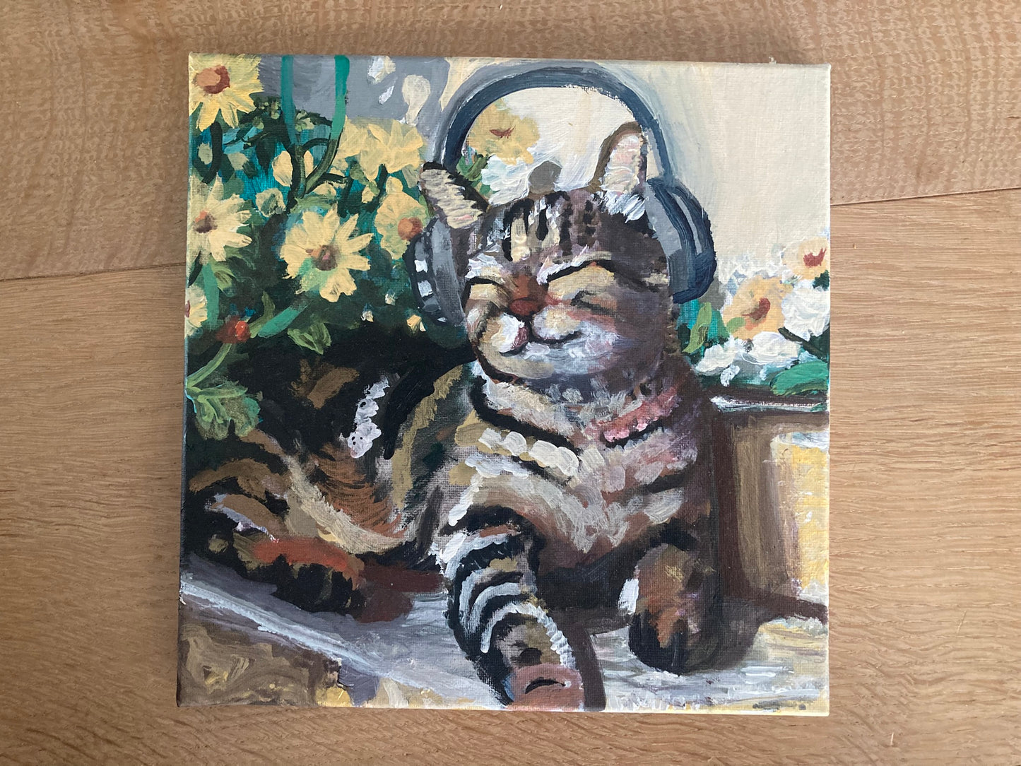Original painting cat with headphones