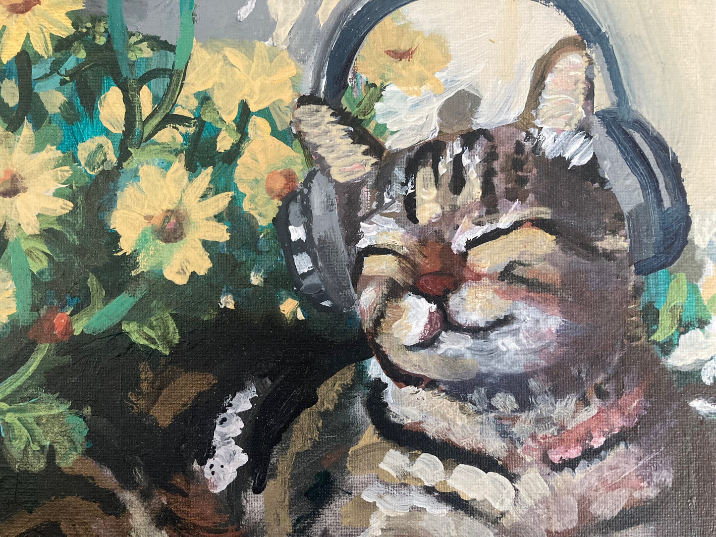 Original painting cat with headphones