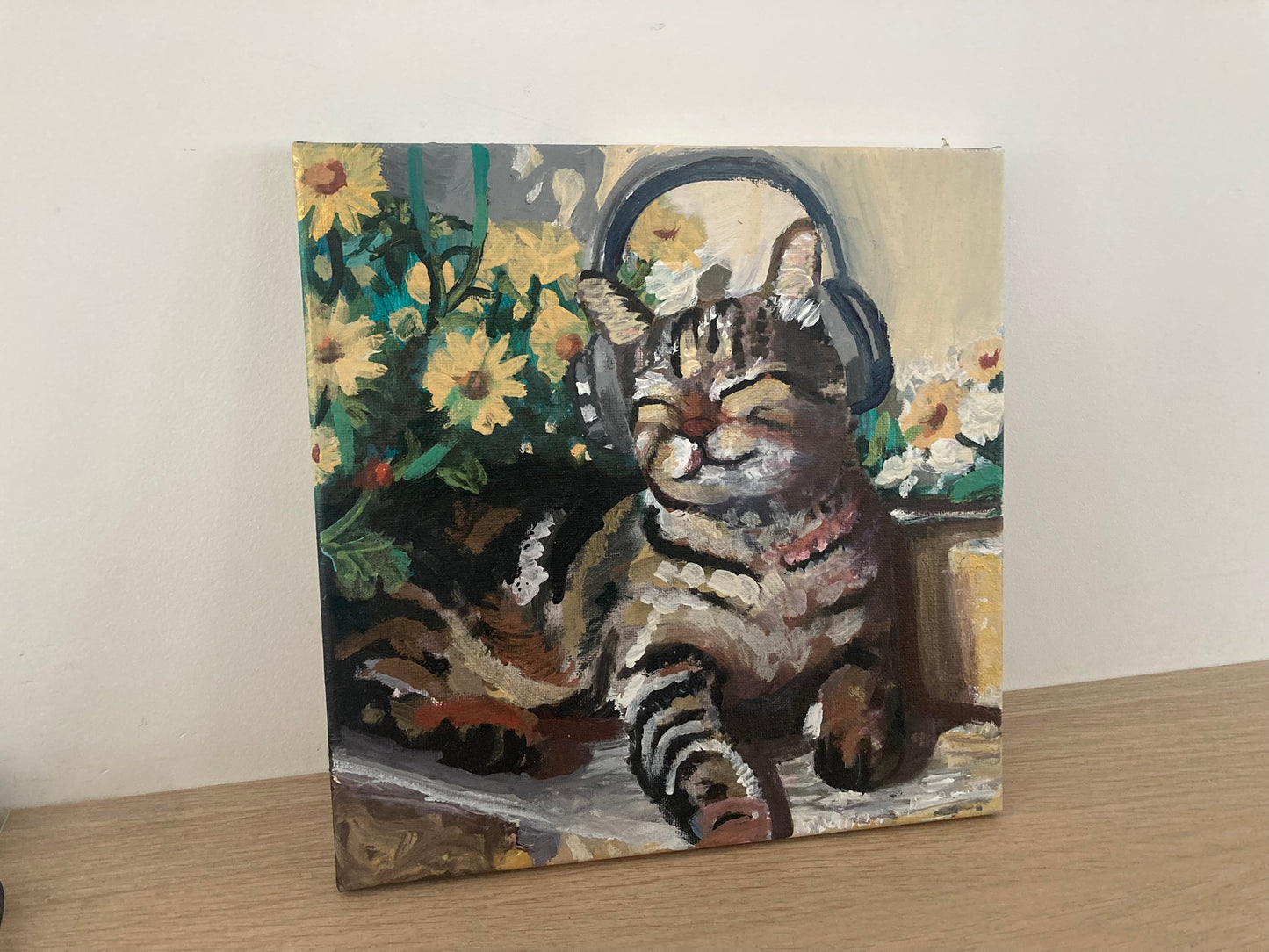 Original painting cat with headphones