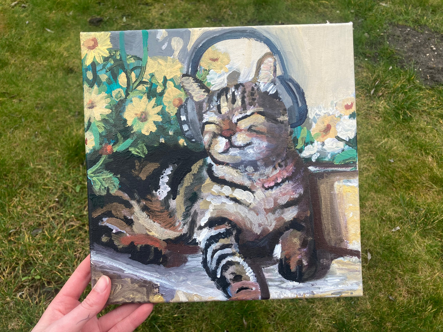 Original painting cat with headphones