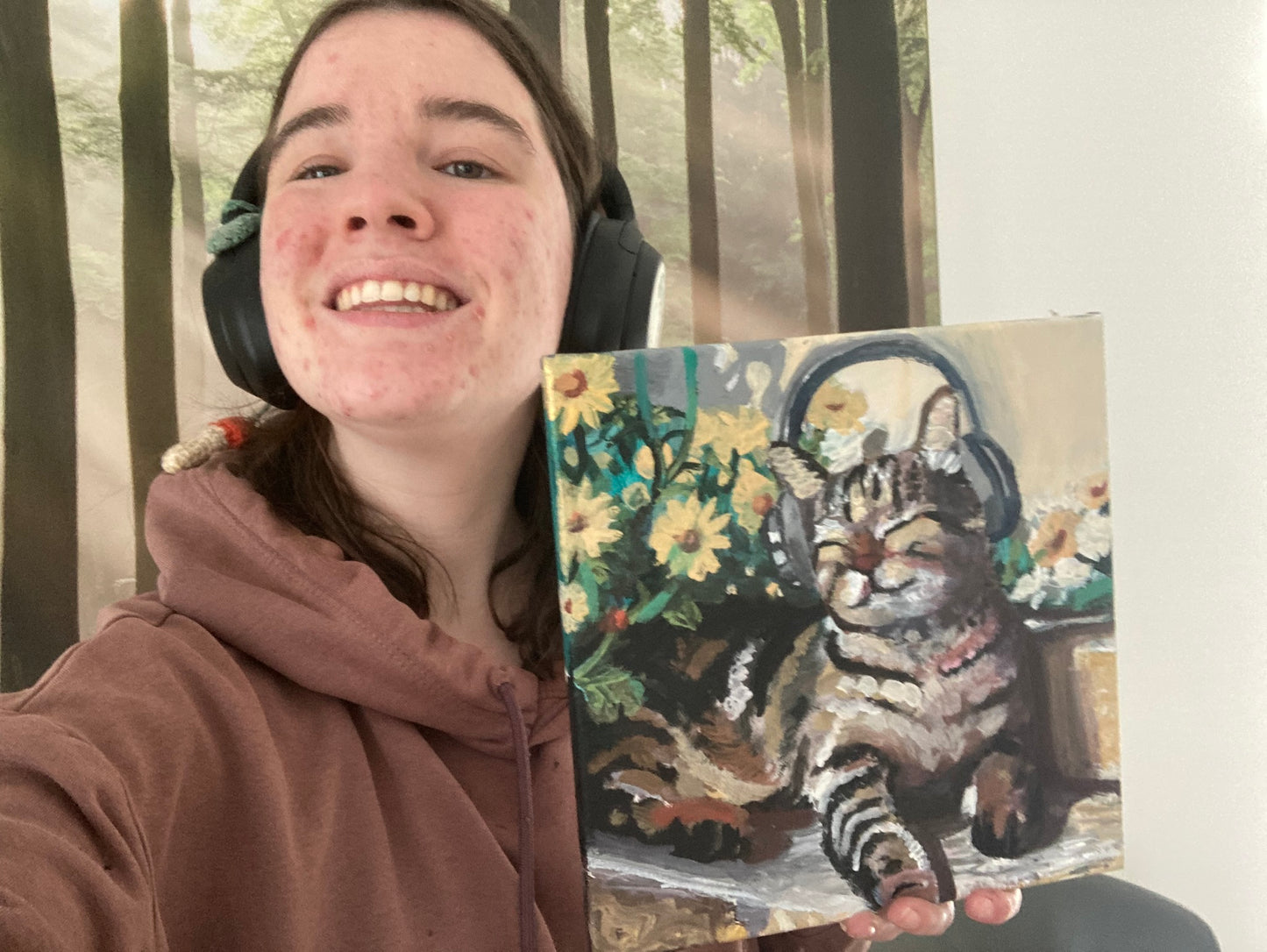 Original painting cat with headphones