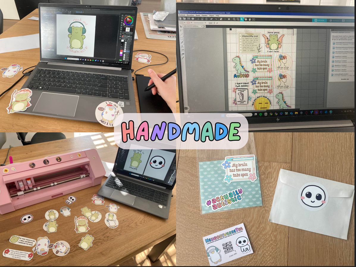 Neurodiversity and mental health themed stickers shown that are handmade, by NeurodiverseTea