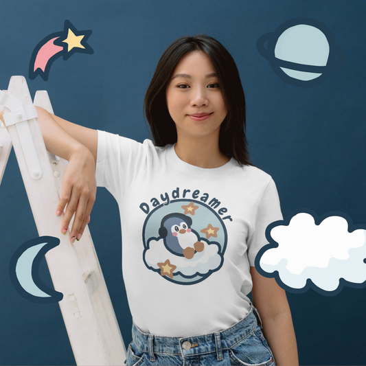 Daydreamer Penguin T-Shirt | Cute Moon & Cloud Illustration