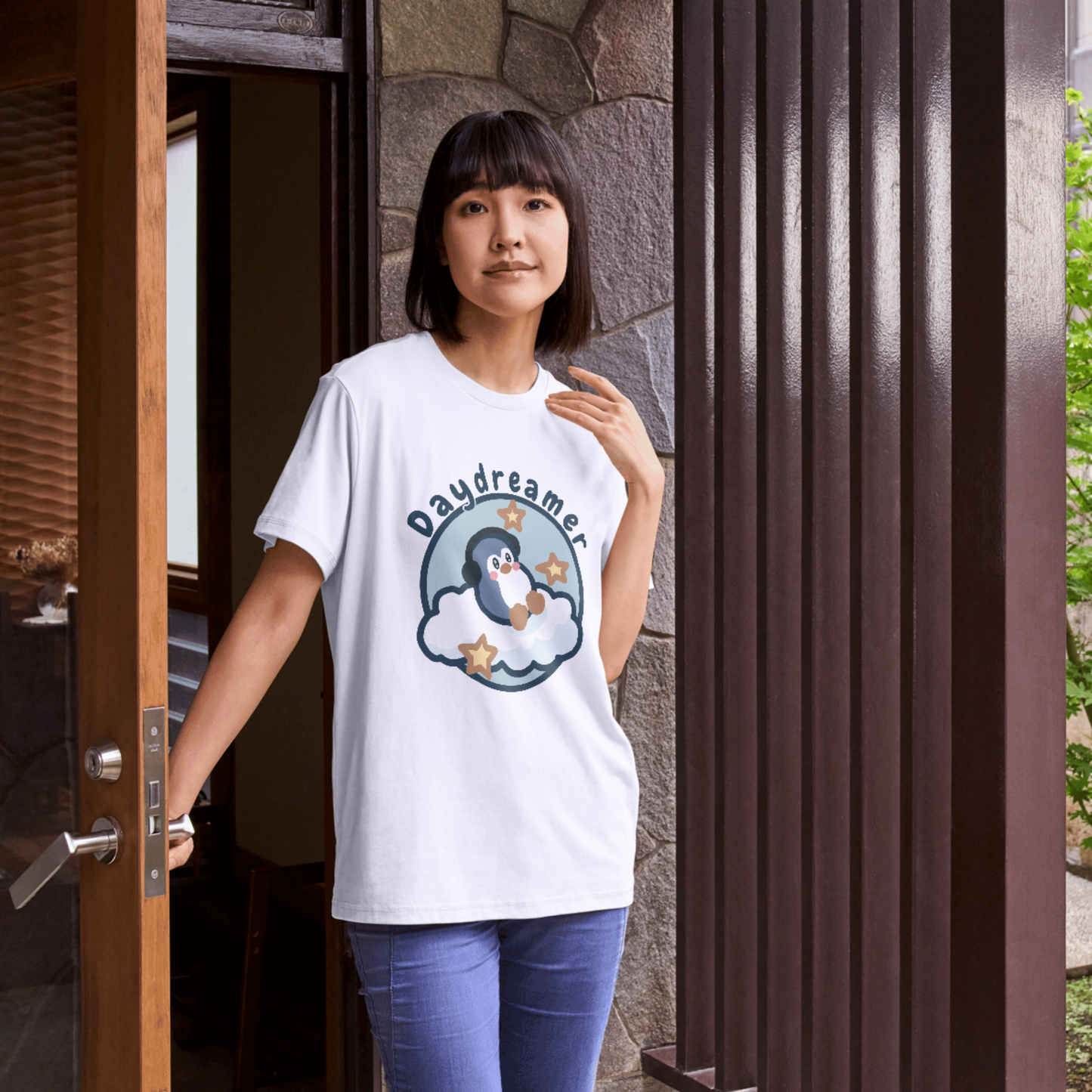 Daydreamer Penguin T-Shirt | Cute Moon & Cloud Illustration