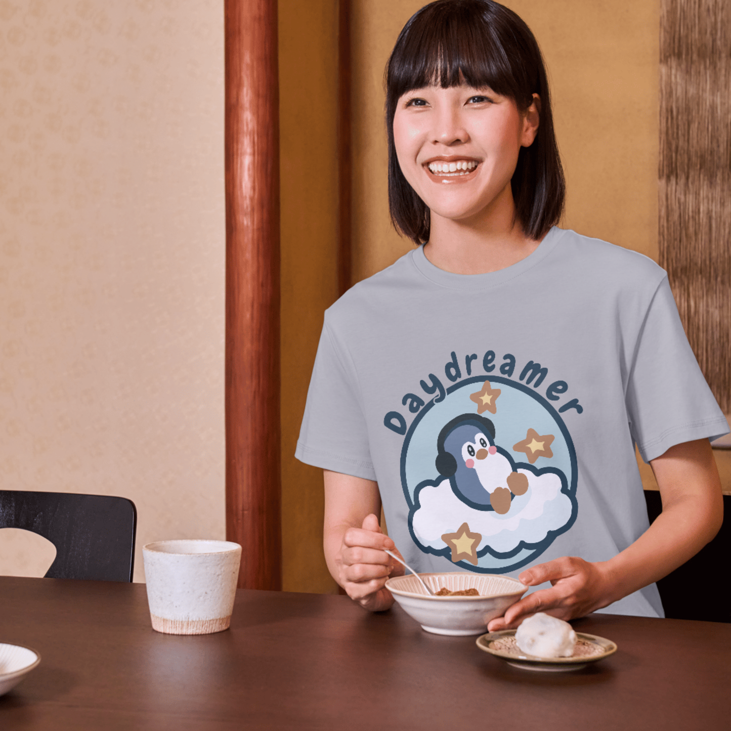 Daydreamer Penguin T-Shirt | Cute Moon & Cloud Illustration