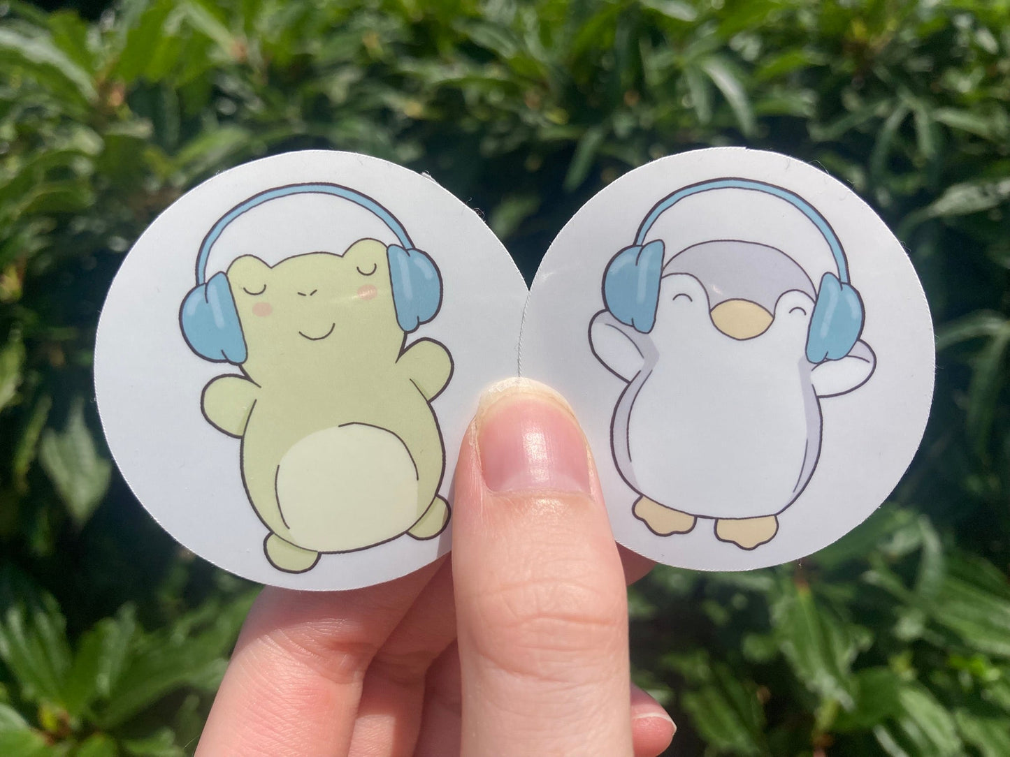 Headphone sticker set: cute penguiin and frog with headphones, handmade by NeurodiverseTea