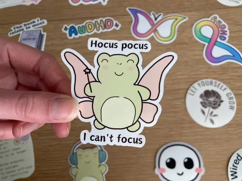 Relatable ADHD frog sticker "hocus pocus, I can't focus" handmade by NeurodiverseTea